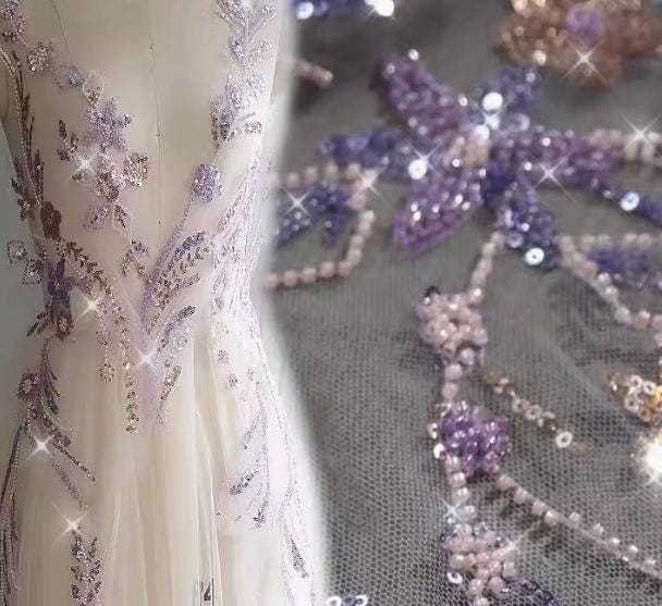 Shiny Beaded Flower Lace Fabric, Heavy Luxury Tulle Fabric, Purple Floral Mesh Fabric, Sequin Embroidery Lace, Wedding Lace Bridal Dress