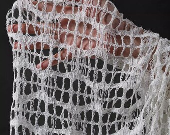 Tessuto a rete bianco cavo sfilacciato, tessuti a maglia con fori creativi, tessuti testurizzati ispessiti da 76'' di larghezza, tessuti di design, venduti a mezzo metro