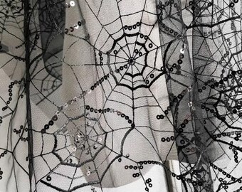 Embroidery Black Lace Mesh Fabric, Sequin Spider Web Fabric, Soft Tulle Wedding Lace, Halloween, Cosplay, Background Fabric, High Quality