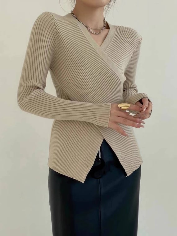 Apricot Knit Wrap Sweater Women Minimalist Clothing V Neck | Etsy
