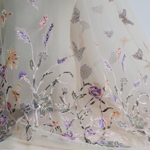 Tessuto ricamato con perline a farfalla, tessuto in pizzo con paillettes di crescione, tessuto a rete con fiori, tessuto in tulle per abiti da sposa, tessuto a rete largo 51&#39;&#39;