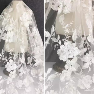 White Big Flower Lace Fabric, Exquisite Mesh Embroidery Fabric, Tulle Floral Fabric, Soft Lace Fabric For Wedding Gown, Bridal Veil Fabric