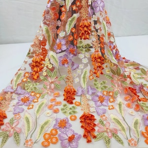 Apricot Tulle Orange Flower Fabric, Exquisite Embroidery Flower Lace Fabric, Mesh Curtain Fabric, Wedding Dress Fabric, Background Fabric