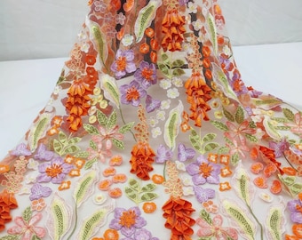 Apricot Tulle Orange Flower Fabric, Exquisite Embroidery Flower Lace Fabric, Mesh Curtain Fabric, Wedding Dress Fabric, Background Fabric