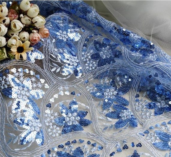 Exquisite Blue Sequins Flower Fabric, DIY Embroidery Lace Fabric, Delicate  Strands of Blue Tulle Fabric, Cheongsam Prom Dress Accessories - Etsy