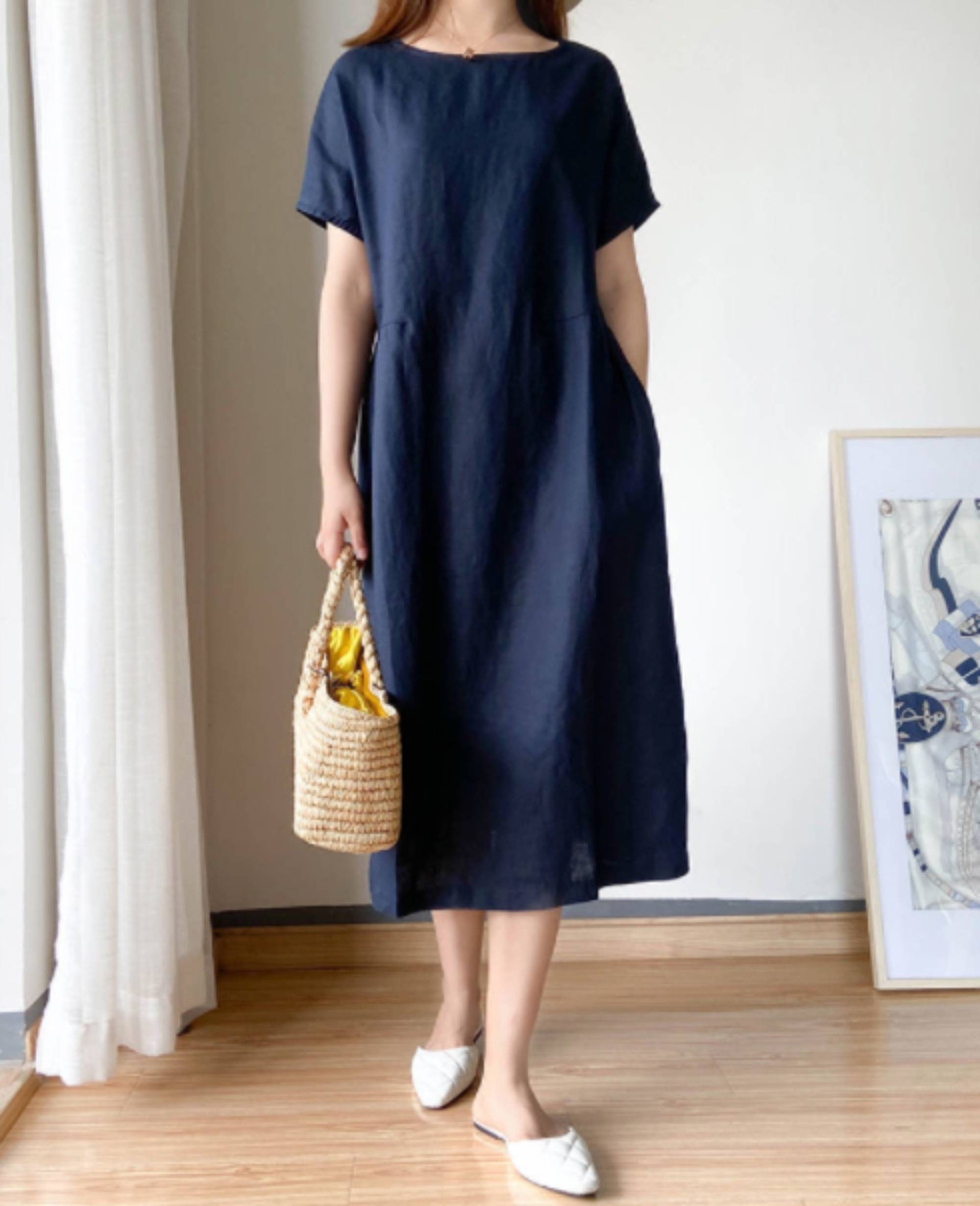 Navy Women Linen Dress Modest Linen Dress Designer Short - Etsy