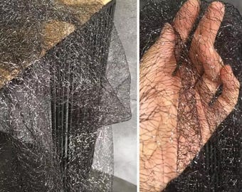 Designer Fabric, Original Irregular Hollow-Out Tulle, Black Silver Textured Mesh, Sheer Lace Evening Gown Fabric