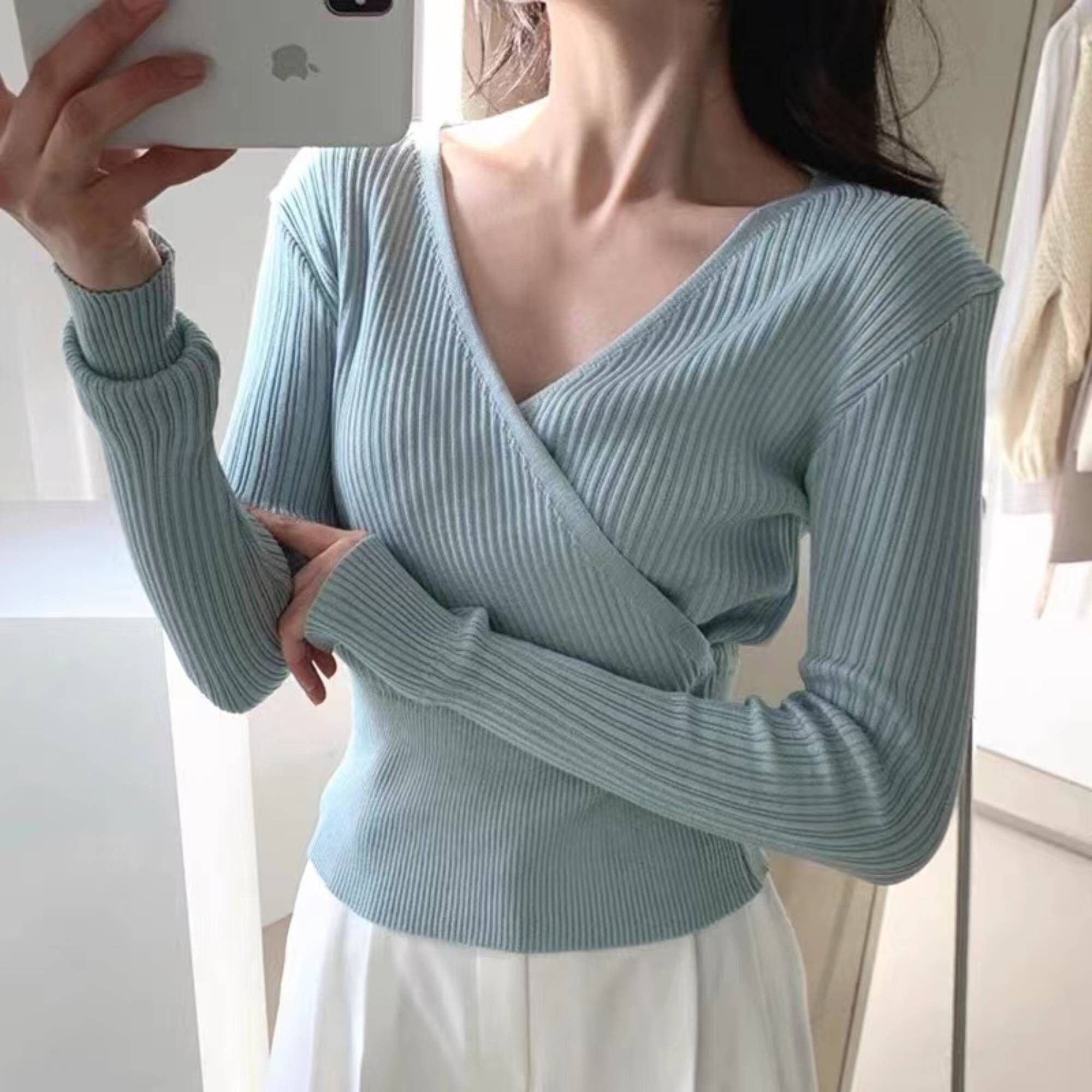 Blue V Neck Wrap Sweater Women Minimalist Clothing Petite Etsy