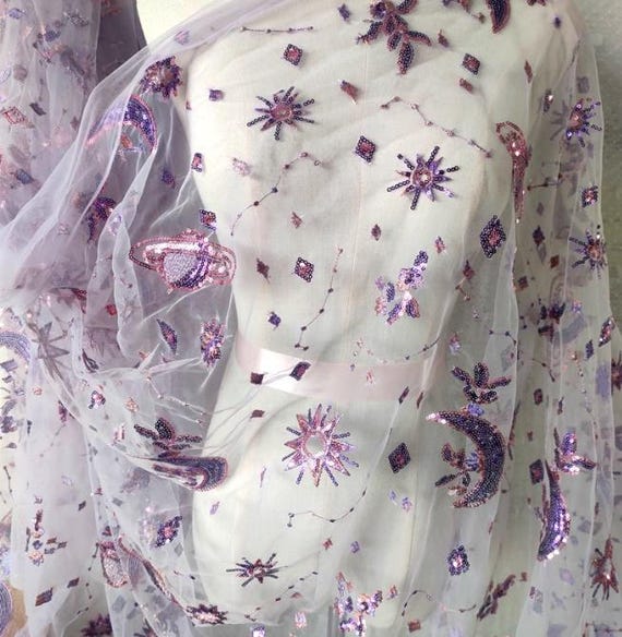 Purple Galaxy Lace Fabric, Exquisite Beaded Mesh Fabric, Sequins