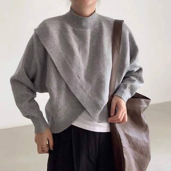 Women Loose Wrap Sweater, Grey Knit Minimalist Clothing, Stand Up Collar Crochet Warm Top, Lazy Fitted Crossover Soft Pullover, Gift for Her