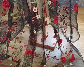 Tela de encaje de tul negro, malla de flores rojas, exquisita tela de tul 3D, malla de bordado suave, vestido de novia de encaje