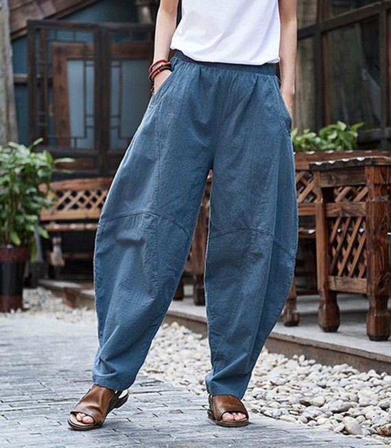 Lanterns Loose Linen Pants, Blue Women Linen Pants, Summer Cotton