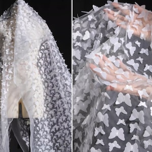 White 3D Butterfly Lace Fabric, Fluttering Butterfly Mesh Fabric, Soft Light Tulle Lace Fabric, Wedding Lace Bridal Dress, Veil Fabric