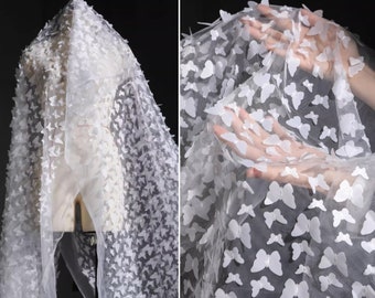Tessuto di pizzo farfalla 3D bianco, tessuto di rete a farfalla svolazzante, tessuto di pizzo tulle leggero e morbido, abito da sposa in pizzo da sposa, tessuto velo