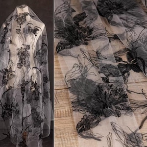 Schwarzer Rüschen Stickerei Stoff, Mesh Strukturierter Spitzenstoff, Brautschleier Tüll Stoff, Hochzeitskleid Stoff, 59 &#39;&#39; Breite drapiert Vorhangstoff
