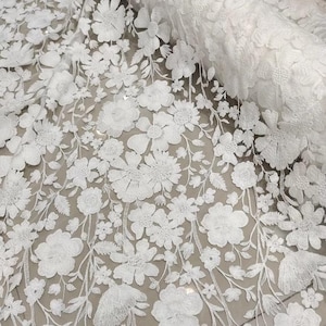 Tela de encaje floral bordado blanco, tela de tul de gasa floral suave, tela de encaje de malla exquisita, para decoración del hogar de bodas, tela de cortina