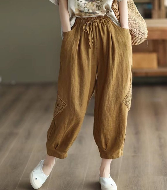 Burnt Yellow Linen Pants Summer Openwork Loose Trousers | Etsy