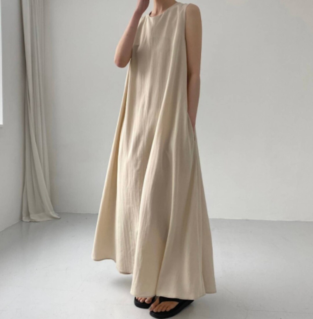 Khaki Cotton Linen Dress, Women Bohemian Maxi Dress, Summer Origami ...