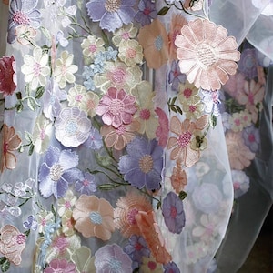 Colorful Tulle Flower Fabric, Exquisite Embroidery Flower Lace Fabric, Mesh Curtain Fabric, Floral Evening Gown Fabric, Purple Wedding Dress