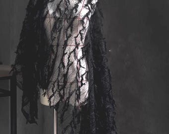 Gothic Tassel Mesh Fabric, Black Irregular Texture Fabric, Hollow Lace Tulle Fabric, Costume Designer Wedding Dress, See Through Fabric