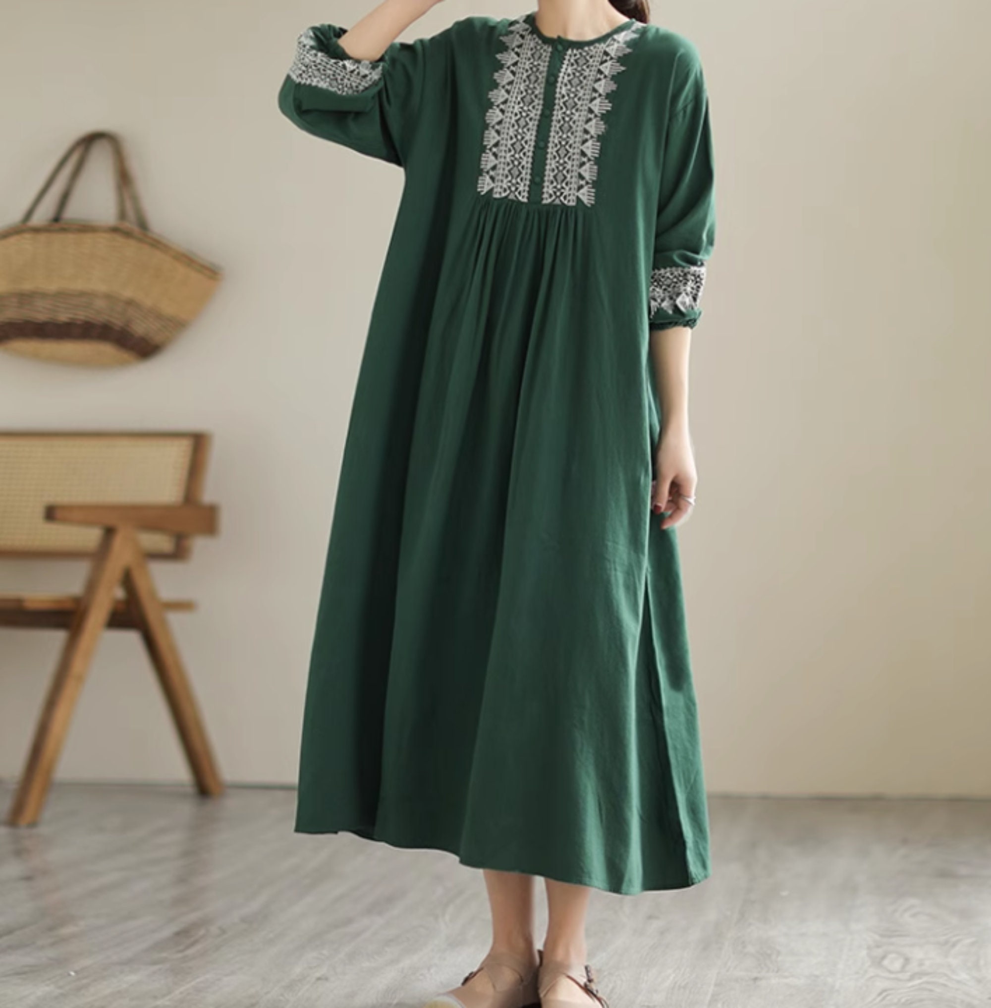 Retro style long dress linen cotton dress long sleeves layered dress main image 0