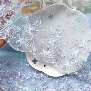 May include: Delicate, embroidered lace trim in shades of white, lavender, and pale blue. The design features star and floral motifs, with a scalloped edge. The lace is displayed on a white, scalloped plate, suggesting a craft or sewing project.
