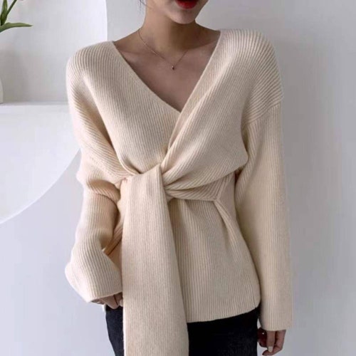 Women Knit Wrap Sweater, Apricot Minimalist Clothing, V Neck Loose Kimono Top, Cozy Super Soft Blouse, Warm Crossover Pullover, Long Sleeve