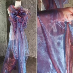Magenta Gradient Holographic Organza Fabric, Iridescent Bridal Couture Textile, Luminous Sparkling Material, Creative Designer Supplies