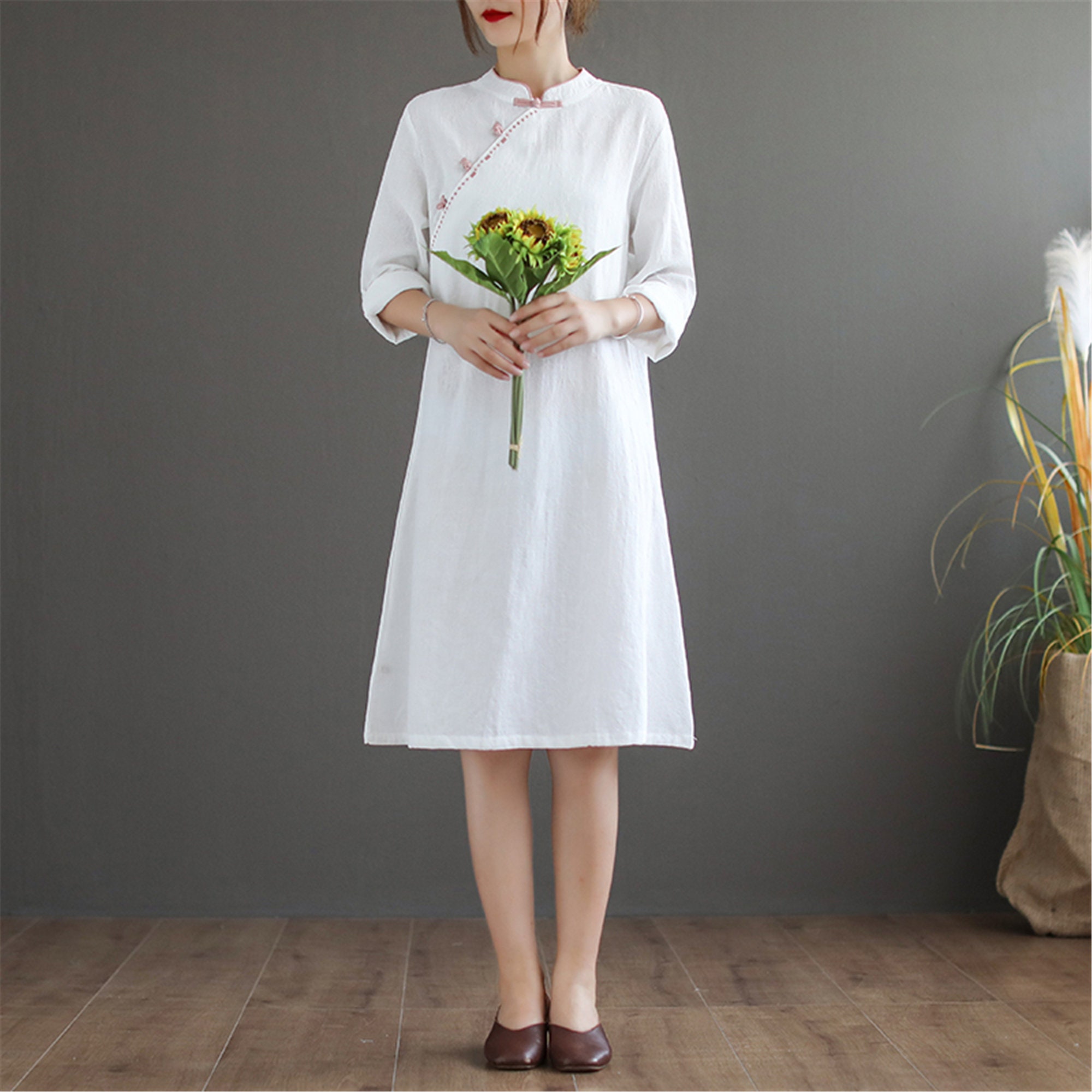 Linen Cheongsam Modest Linen Dress Designer Long Sleeves Etsy