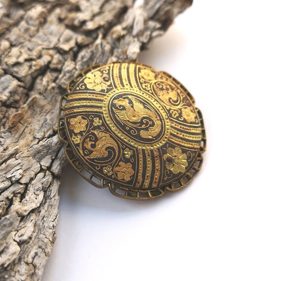 Broche Ancienne En Or De Tolède Avec Damasquinage - Motif Géométrique Noir Et Or - Très Bon état, Sans Modification