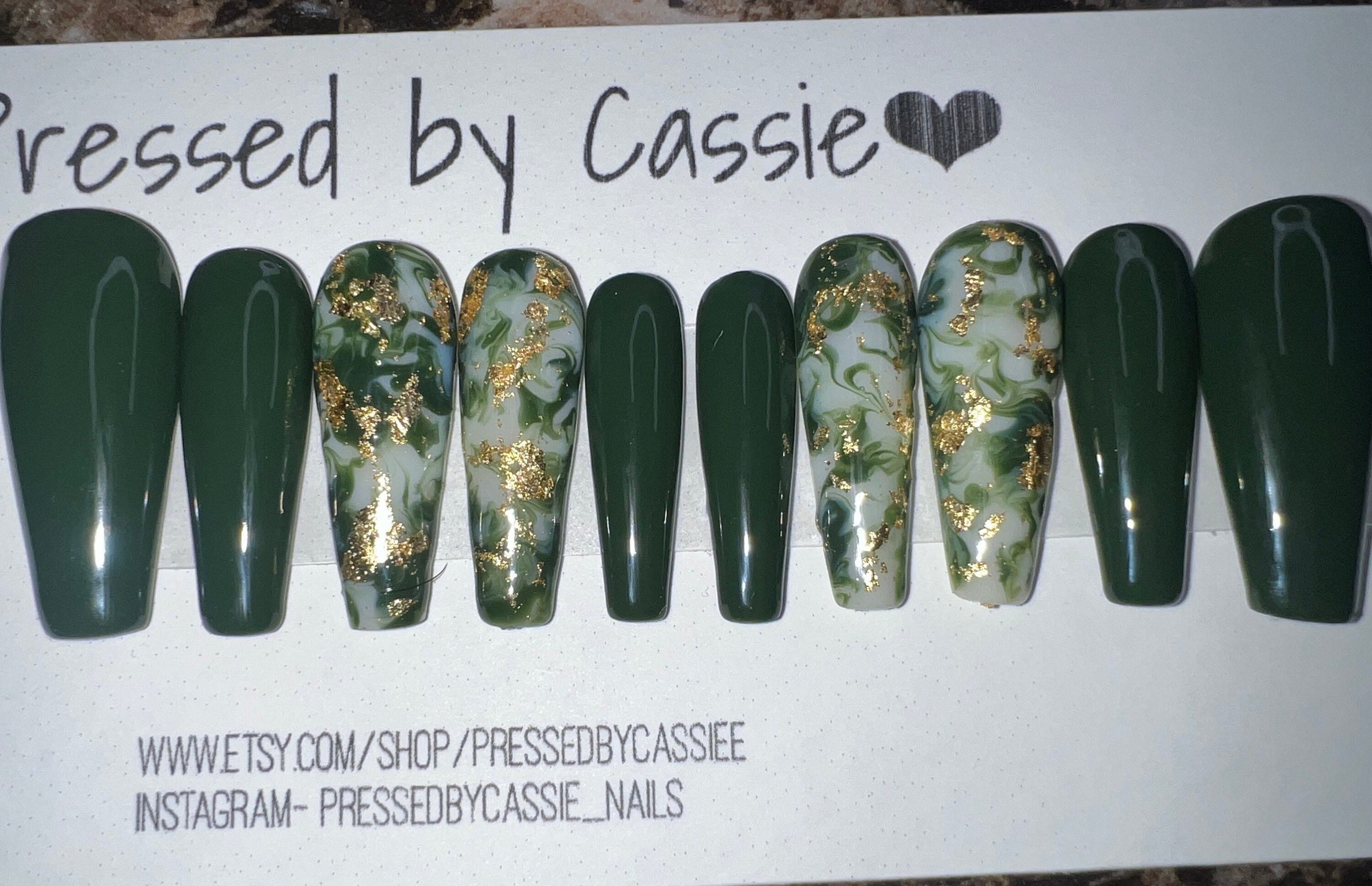 Dark Forest Green Nails-matte Green-gold Nail Art-gold Flakes-long  Ballerina Nails 