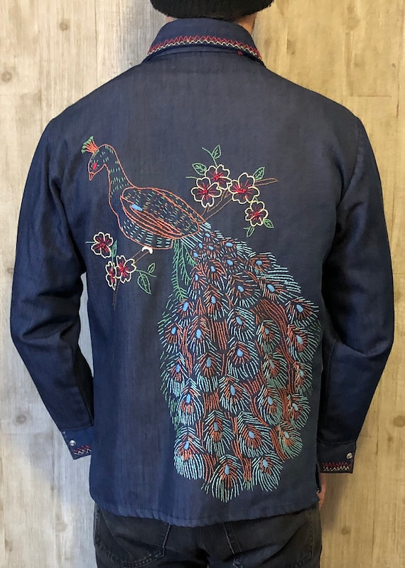 70's Heavy Denim Peacock Embroidered Shirt