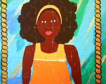 May include: A young girl with dark brown hair and a yellow headband is wearing an orange dress. She is sitting on a swing with a rope made of yellow and orange. The background is a blue and green abstract design.