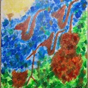 May include: Abstract painting with a bright yellow sun in the upper left corner, blue and green brushstrokes in the background, and brown shapes in the foreground.