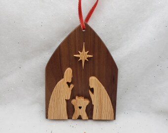 Wood Nativity Ornament - Walnut/Oak