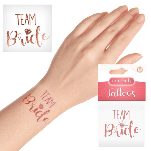 12 tatouages temporaires pour l'enterrement de vie de jeune fille de l'équipe - Pack de tatouages Team Bride & Future mariée tatouages temporaires or rose