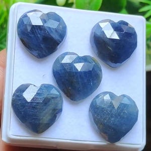 Op de afbeelding: Vijf gefacetteerde, hartvormige saffieren in verschillende blauwtinten worden in een witte tray gepresenteerd. De edelstenen hebben een gepolijst, reflecterend oppervlak dat het licht opvangt en hun ingewikkelde sneden laat zien. De saffieren zijn diepblauw.