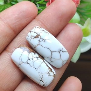 Puede incluir: Dos piedras rectangulares blancas con vetas marrones. Las piedras tienen una superficie pulida y un aspecto veteado. Se sostienen en una mano, con un fondo borroso de vegetación. Cada piedra mide aproximadamente 3 cm de largo.