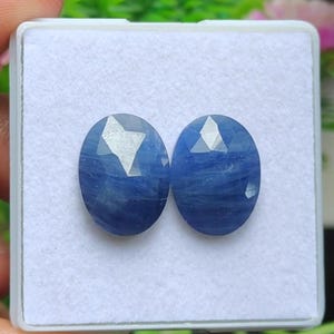 Peut inclure: Deux saphirs bleus profonds, de forme ovale et facettés, présentés dans un boîtier en plastique blanc. Les pierres précieuses ont une surface polie avec des reflets internes. Les saphirs sont d'une couleur bleu riche et saturée.