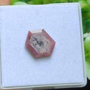 May include: A pinkish-red, hexagonal gemstone with multiple facets, presented in a white square. The gem's interior shows intricate patterns and darker areas. The background is out of focus, implying a natural environment.
