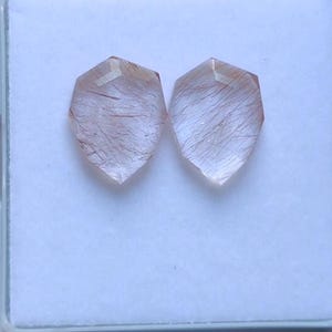 以下が含まれることがあります： 透明感のある、シールド型のファセット宝石が2つ。石には赤褐色のインクルージョンがあり、結晶内に繊細なウェブのような模様を作り出しています。宝石は白い正方形の容器に展示されています。