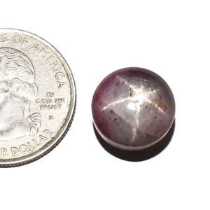 May include: A round, cabochon-cut, star ruby gemstone with a six-pointed star in the center. The ruby is a deep pink color with a white star and is about the size of a US quarter.