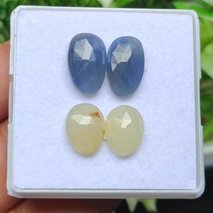 Op de afbeelding: Vier ovale edelstenen worden gepresenteerd in een witte tray. Twee zijn diepblauw en de andere twee lichtgeel. De edelstenen hebben gefacetteerde oppervlakken, die het licht reflecteren en een sprankelend effect creëren. De opstelling suggereert een verzameling edelstenen.