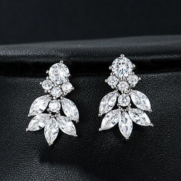JADE Silver Bridal Earrings, Cubic Zirconia Earrings, Silver Wedding Earrings and Silver Bridesmaid Earrings