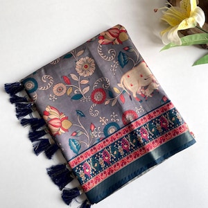 Handmade Pichwai Tussar Silk Saree: Kalamkari Animal Design