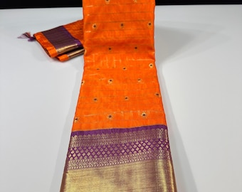 Orange Kanchi Pattu Saree: Soft Silk Mix with Gold Buttis zari weaving