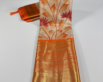 Orange Kanchi Pattu Saree: Indian Silk Sari with Zari Weaving with tissue