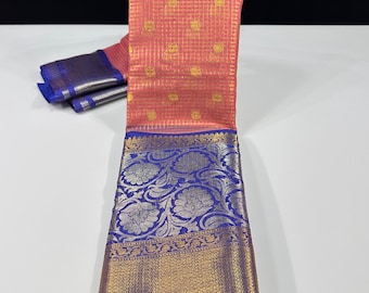 Peach color Kanchi Pattu tissue Saree: Soft Silk Saree with Zari Weaving, Wedding Wear