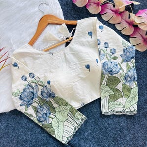 pure cotton hand embroidery blouse White saree Embroidery blouse raw silk thread workblouse hand embroidered blouse ready made stitched