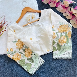 Hand Embroidered Khadi Cotton Saree Blouse: Floral Festive Sari Top